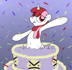 Size: 2049x2000 | Tagged: safe, artist:datte-before-dawn, oc, oc:righty tighty, unofficial characters only, pony, unicorn, belly button, birthday, birthday art, birthday cake, cake, confetti, eye clipping through hair, female, food, horn, image, jpeg, lip bite, mare, popping out of a cake, solo, underhoof, unicorn oc