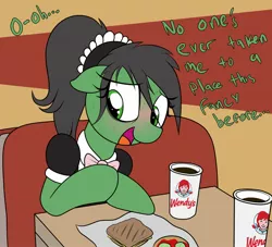 Size: 2200x2000 | Tagged: safe, artist:datte-before-dawn, oc, oc:anon-mare, unofficial characters only, earth pony, pony, blushing, clothes, dialogue, drink, earth pony oc, eye clipping through hair, female, food, image, jpeg, maid, mare, nervous, open mouth, sandwich, soda, solo, sweat, wendy's
