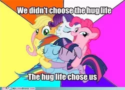 Size: 500x362 | Tagged: safe, derpibooru import, applejack, fluttershy, pinkie pie, rainbow dash, rarity, twilight sparkle, earth pony, pegasus, pony, unicorn, artifact, caption, eyes closed, female, happy, hug, hug life, image, image macro, impact font, jpeg, mane six, meme, my little brony, smiling, text, unicorn twilight, watermark