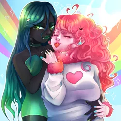 Size: 3000x3000 | Tagged: safe, artist:altarichiru, derpibooru import, queen chrysalis, oc, oc:fluffle puff, human, :p, blushing, breasts, busty fluffle puff, canon x oc, chrysipuff, clothes, cute, dress, duo, ear piercing, earring, eyes closed, eyeshadow, fangs, female, holding hands, hug, humanized, image, jewelry, lesbian, lipstick, makeup, nail polish, piercing, png, pony coloring, pride month, rainbow, scarf, shipping, socks, stockings, sweater, thigh highs, tongue out