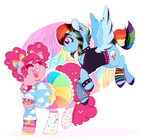 Size: 500x491 | Tagged: safe, artist:bubaiuv, edit, pinkie pie, rainbow dash, earth pony, pegasus, pony, accessories, alternate hairstyle, bow, bracelet, candy, clothes, collar, colored hooves, dyed feathers, dyed mane, dyed tail, ear piercing, eyes closed, eyeshadow, female, fishnets, flying, food, hair bow, hairclip, image, jacket, jewelry, laughing, makeup, mare, necklace, open mouth, piercing, pigtails, png, punk, raised hoof, simple background, skirt, smiling, socks, spiked collar, spiked wristband, standing, striped socks, transparent background, unshorn fetlocks, wristband