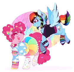 Size: 500x491 | Tagged: safe, artist:bubaiuv, edit, pinkie pie, rainbow dash, earth pony, pegasus, pony, accessories, alternate hairstyle, bow, bracelet, candy, clothes, collar, colored hooves, dyed feathers, dyed mane, dyed tail, ear piercing, eyes closed, eyeshadow, female, fishnets, flying, food, hair bow, hairclip, image, jacket, jewelry, laughing, makeup, mare, necklace, open mouth, piercing, pigtails, png, punk, raised hoof, simple background, skirt, smiling, socks, spiked collar, spiked wristband, standing, striped socks, transparent background, unshorn fetlocks, wristband