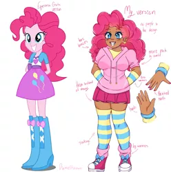 Size: 3239x3265 | Tagged: safe, artist:diameltzowo, derpibooru import, pinkie pie, human, equestria girls, arm warmers, boots, bow, braces, clothes, dark skin, ear piercing, earring, heart, high heel boots, hoodie, humanized, image, jewelry, leg warmers, painted nails, piercing, png, redesign, shoes, skirt, sneakers, socks, stockings, striped socks, thick, thigh highs, zettai ryouiki