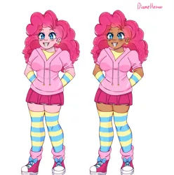 Size: 3239x3265 | Tagged: safe, artist:diameltzowo, derpibooru import, pinkie pie, human, arm behind back, arm warmers, braces, clothes, dark skin, ear piercing, earring, female, happy, hoodie, humanized, image, jewelry, leg warmers, piercing, pink skin, png, redesign, shoes, skirt, smiling, sneakers, socks, stockings, striped socks, thick, thigh highs, zettai ryouiki