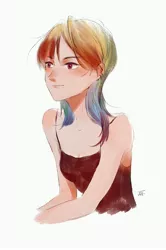 Size: 2714x4096 | Tagged: safe, artist:weiting89100955, derpibooru import, rainbow dash, human, alternate hairstyle, clothes, ear piercing, earring, female, humanized, image, jewelry, jpeg, piercing, simple background, solo, tanktop, white background