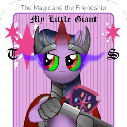 Size: 1920x1920 | Tagged: safe, artist:angryprogrockbrony, derpibooru import, twilight sparkle, ponified, pony, album cover, armor, corrupted twilight sparkle, derpibooru exclusive, female, gentle giant (band), image, mare, parody, png, ponified album cover, progressive rock, shield, solo, solo female, sombra eyes, sombra's cape, sword, the power and the glory, tyrant sparkle, weapon