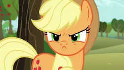 Size: 1280x720 | Tagged: safe, derpibooru import, screencap, applejack, earth pony, pony, no second prances, angry, applejack is not amused, applejack's hat, cowboy hat, cute, female, frown, hat, image, madorable, mare, narrowed eyes, png, scowl, solo, unamused