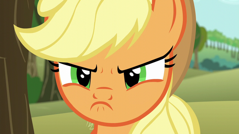 Size: 1280x720 | Tagged: safe, derpibooru import, screencap, applejack, earth pony, pony, no second prances, season 6, angry, applejack is not amused, close-up, cute, female, frown, image, implied starlight glimmer, madorable, mare, narrowed eyes, now you fucked up, png, reaction image, scowl, solo, this will not end well, unamused