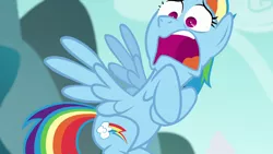 Size: 1280x720 | Tagged: safe, derpibooru import, screencap, rainbow dash, pegasus, pony, no second prances, season 6, cutie mark, faic, female, flying, image, implied starlight glimmer, mare, open mouth, png, rainbow dash is best facemaker, reaction image, shocked, shrunken pupils, solo, spread wings, wings