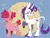 Size: 500x384 | Tagged: safe, artist:knightbug, pinkie pie, rarity, earth pony, pony, unicorn, alternate cutie mark, alternate hairstyle, blue background, blushing, cheek fluff, chest fluff, circle background, colored hooves, duo, duo female, eyes closed, female, floating heart, heart, image, leonine tail, lesbian, mare, open mouth, png, ponytail, raised hoof, raripie, shipping, short tail, simple background, smiling, unshorn fetlocks