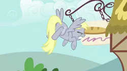 Size: 1280x720 | Tagged: safe, derpibooru import, screencap, derpy hooves, pegasus, pony, no second prances, season 6, crash, female, image, mare, oof, oops, ouch, png, solo, this will end in funniness, warning sign, wooden sign