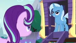 Size: 1280x720 | Tagged: safe, derpibooru import, screencap, starlight glimmer, trixie, pony, unicorn, no second prances, season 6, duo, duo female, duo unicorn, female, image, mare, narrowed eyes, oh no she didn't, png, reference