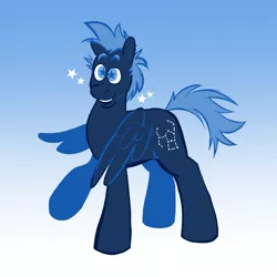 Size: 1280x1280 | Tagged: safe, artist:motionwaltz, star hunter, pegasus, pony, blue background, gradient background, image, male, png, raised hoof, simple background, smiling, solo, stallion, standing, starry eyes, stars, wingding eyes, wings