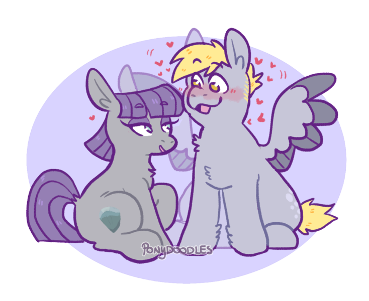 Size: 1280x1046 | Tagged: safe, artist:knightbug, edit, derpy hooves, maud pie, earth pony, pegasus, pony, blushing, couple, derpmaud, dopey hooves, female, floating heart, heart, image, looking at each other, male, mare, open mouth, png, purple background, rule 63, shipping, simple background, sitting, spread wings, stallion, straight, transparent background, wings