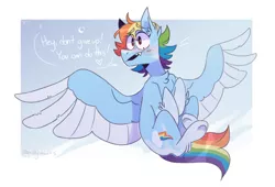Size: 500x339 | Tagged: safe, artist:ponydoodles, rainbow dash, pegasus, pony, alternate design, chest fluff, coat markings, colored wings, female, flying, image, mare, png, positive ponies, sky, sky background, solo, talking to viewer, text, wings