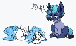 Size: 702x427 | Tagged: safe, artist:ghostyglue, derpibooru import, oc, oc:frostburn, oc:musicora melody, pegasus, unicorn, clothes, crying, image, insult, insulted, lying down, meh, png, sad, smelly, sweater, unshorn fetlocks