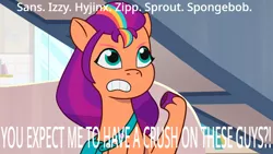 Size: 960x540 | Tagged: safe, derpibooru import, editor:wonderwolf51, screencap, sunny starscout, earth pony, my little pony: tell your tale, spoiler:g5, spoiler:my little pony: tell your tale, spoiler:tyts01e16, female, g5, high res, image, implied hyjinx, implied izzy moonbow, implied sans, implied shipping, implied spongebob, implied sprout, implied zipp, meme, neighfever, png, solo