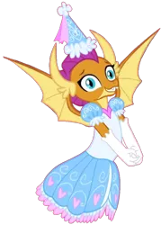 Size: 720x1003 | Tagged: safe, artist:darlycatmake, derpibooru import, smolder, dragon, clothes, dragon wings, dragoness, dress, female, froufrou glittery lacy outfit, gloves, happy, hat, hennin, image, long gloves, looking at you, png, princess, princess smolder, smiling, smiling at you, wings