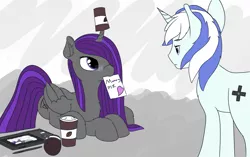 Size: 3286x2065 | Tagged: safe, artist:etheria galaxia, derpibooru import, oc, oc:etheria galaxia, oc:scratch wub, unofficial characters only, alicorn, pony, unicorn, alicorn oc, chest fluff, coffee, coffee cup, colored, cup, curved horn, cute, ear fluff, female, glasses, heart, horn, image, lying, male, mare, mouth hold, note, png, prone, simple background, sketch, stallion, unamused, unicorn oc, weapons-grade cute, wings