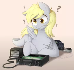 Size: 1200x1146 | Tagged: safe, artist:higgly-chan, derpibooru import, derpy hooves, pegasus, pony, antenna, confused, electronics, image, lying down, microphone, png, prone, question mark, radio, simple background, solo, speaker, underhoof, wall eyed