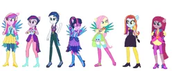 Size: 1024x421 | Tagged: safe, artist:diana173076, derpibooru import, fluttershy, pinkie pie, princess cadance, sassy saddles, shining armor, twilight sparkle, equestria girls, legend of everfree, alternate universe, boots, clothes, clothes swap, crystal guardian, crystal wings, high heel boots, image, jpeg, shoes, simple background, solo, wings