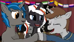 Size: 1280x720 | Tagged: safe, artist:ekholunalis, derpibooru import, oc, oc:homage, oc:littlepip, oc:velvet remedy, pony, unicorn, fallout equestria, aromantic pride flag, asexual pride flag, bisexual pride flag, bokeh, clothes, crying, female, genderfluid pride flag, hoofbump, image, intersex pride flag, jpeg, jumpsuit, lesbian, lesbian pride flag, microphone, my little pony, nonbinary pride flag, pansexual pride flag, polyamory pride flag, polysexual pride flag, pride, pride flag, pride month, singing, stage, tears of joy, transexual pride flag, vault suit