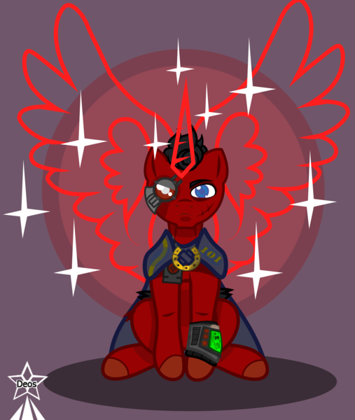 Size: 4245x5021 | Tagged: safe, artist:devorierdeos, derpibooru import, oc, oc:red eye, unofficial characters only, alicorn, cyber pony, cyborg, earth pony, pony, fallout equestria, antagonist, black hair, blue eye, clothes, cyber eye, image, jumpsuit, magic, magic aura, pipbuck, png, scar, simple background, stable-tec, vault 101, vault suit