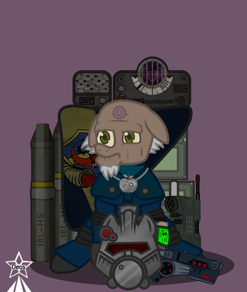 Size: 4245x5021 | Tagged: safe, artist:devorierdeos, derpibooru import, oc, oc:cottage cheese, unicorn, fallout equestria, armor, cutted horn, elder, flag, gun, handgun, image, injured, jewelry, necklace, old pony, pipbuck, pistol, png, power armor, power armor helmet, radio, sad, scribe suite, steel ranger, steel ranger elder, tank shell, transmitter, weapon