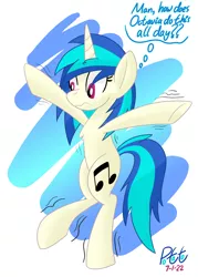 Size: 2500x3500 | Tagged: safe, artist:notadeliciouspotato, derpibooru import, vinyl scratch, pony, unicorn, abstract background, bipedal, chest fluff, female, horn, image, mare, motion lines, png, signature, solo, standing, standing on one leg, thought bubble, wavy mouth, wobbling