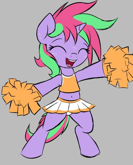 Size: 468x581 | Tagged: safe, artist:permpony, derpibooru import, oc, oc:susie supreme, unofficial characters only, pony, unicorn, armpits, bipedal, cheerleader, cheerleader outfit, clothes, eyes closed, female, filly, foal, gray background, happy, horn, image, midriff, open mouth, open smile, png, pom pom, simple background, skirt, smiling, solo, unicorn oc, upskirt