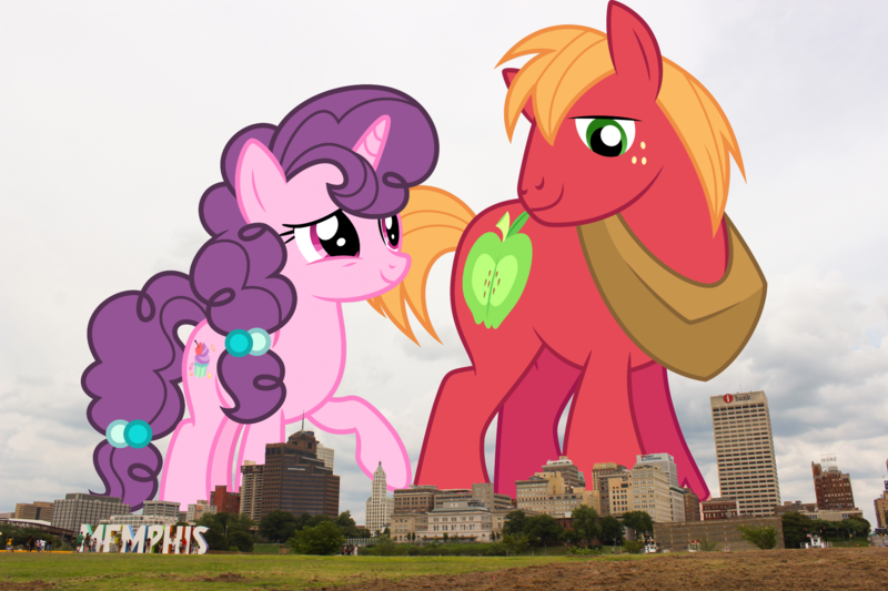 Size: 2100x1400 | Tagged: safe, artist:ambassad0r, artist:dashiesparkle, artist:mlplover94, derpibooru import, big macintosh, sugar belle, earth pony, pony, unicorn, female, giant pony, giant unicorn, giant/macro earth pony, giantess, highrise ponies, image, irl, macro, male, mare, mega giant, memphis, photo, png, ponies in real life, shipping, smiling, stallion, story included, straight, sugarmac, tennessee