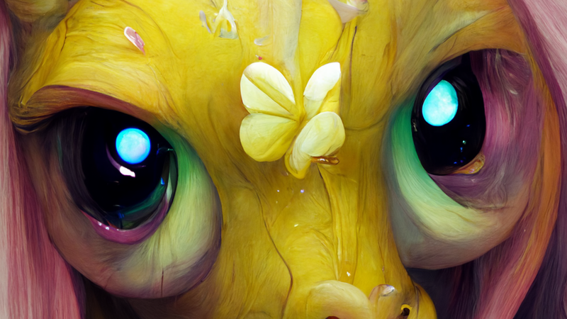 Size: 1920x1080 | Tagged: safe, derpibooru import, machine learning generated, midjourney, fluttershy, pegasus, pony, 1080p, big eyes, cursed, eye bulging, flower, image, looking at you, neural network, nightmare fuel, png, solo, stare, stare into your soul, wallpaper, wrong eye color