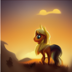 Size: 230x230 | Tagged: safe, derpibooru import, machine learning generated, midjourney, applejack, pony, australia, image, looking at you, neural network, orange background, outback, png, simple background, solo
