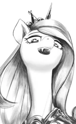 Size: 2161x3504 | Tagged: safe, artist:applephil, derpibooru import, princess cadance, queen chrysalis, alicorn, pony, black and white, disguise, disguised changeling, fake cadance, fangs, female, grayscale, image, looking at you, looking down, looking down at you, low angle, mare, monochrome, png, simple background, solo, white background