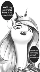 Size: 2161x3840 | Tagged: safe, artist:applephil, derpibooru import, princess cadance, queen chrysalis, ponified, alicorn, pony, black and white, disguise, disguised changeling, fake cadance, fangs, female, grayscale, image, looking at you, looking down, looking down at you, low angle, mare, monochrome, png, simple background, solo, speech bubble, talking to viewer, white background