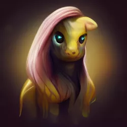 Size: 256x256 | Tagged: safe, derpibooru import, machine learning generated, midjourney, fluttershy, horse, pegasus, pony, bust, floppy ears, image, neural network, png, portrait, simple background, solo, vignette, wrong eye color