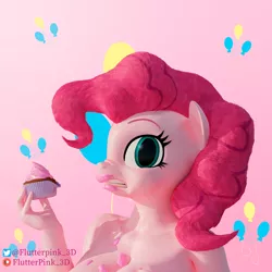 Size: 3840x3840 | Tagged: suggestive, artist:flutterpink_3d, derpibooru import, pinkie pie, anthro, 3d, blushing, breasts, busty pinkie pie, cupcake, cute, female, food, image, looking at you, nudity, partial nudity, png, sexy, simple background, solo, solo female