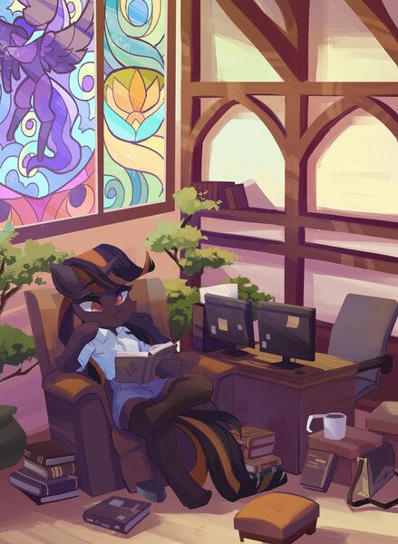 Size: 3000x4096 | Tagged: safe, artist:saxopi, derpibooru import, oc, unofficial characters only, semi-anthro, unicorn, armchair, bag, bonsai, bonsai tree, book, chair, clothes, coffee mug, commission, detailed background, eyebrows, eyebrows visible through hair, gem, high res, hoof on chin, horn, image, implied rarity, jpeg, leg rest, monitor, mosaic, mug, mural, reading, shorts, socks, solo, stained glass window, sticky note, stockings, thigh highs, unicorn oc, white shirt