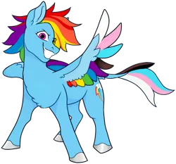 Size: 920x858 | Tagged: safe, artist:malphym, derpibooru import, rainbow dash, pegasus, pony, alternate hairstyle, cute, dashabetes, female, gay pride flag, grin, image, leonine tail, mare, png, pride, pride flag, pride month, rainbow flag, simple background, smiling, solo, tail, transgender pride flag, transparent background, unshorn fetlocks