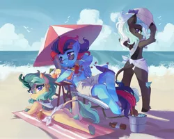 Size: 4096x3284 | Tagged: safe, artist:saxopi, derpibooru import, parasol, oc, oc:andrew swiftwing, oc:jinx, oc:misty, unofficial characters only, kirin, pegasus, beach, bottle, bucket, clothes, female, glass, hat, image, jpeg, looking at you, looking back, looking back at you, male, sunglasses, swimming trunks, swimsuit