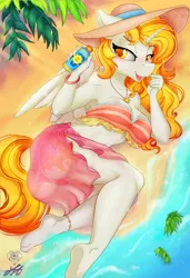 Size: 1280x1876 | Tagged: suggestive, artist:stainedglasslighthea, derpibooru import, daybreaker, alicorn, anthro, plantigrade anthro, pony, ass, barefoot, beach, bedroom eyes, bikini, blushing, bra, bracelet, breasts, butt, clothes, commission, eyebrows, eyebrows visible through hair, eyelashes, fangs, feet, female, hat, image, jewelry, jpeg, lidded eyes, looking at you, looking to side, lying down, mare, necklace, open mouth, open smile, sarong, see-through, side, smiling, solo, solo female, sun hat, sunscreen, swimsuit, underwear, ych example, your character here