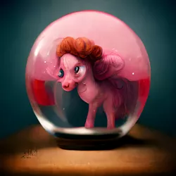Size: 1536x1536 | Tagged: safe, derpibooru import, machine learning generated, midjourney, pinkie pie, pony, crystal ball, deformed, image, neural network, neural network abomination, nightmare fuel, png, solo