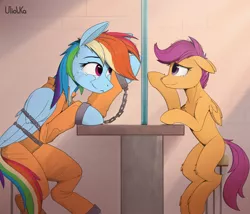 Size: 3440x2946 | Tagged: safe, artist:uliovka, derpibooru import, rainbow dash, scootaloo, chains, clothes, crepuscular rays, crying, heartwarming, image, looking at each other, looking at someone, png, prison outfit, prisoner rd, sit, smiling