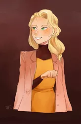 Size: 1085x1652 | Tagged: safe, artist:weiting89100955, derpibooru import, applejack, human, alternate hairstyle, blushing, clothes, coat, female, freckles, grin, humanized, image, jpeg, shirt, smiling, solo