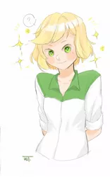 Size: 758x1213 | Tagged: safe, artist:weiting89100955, derpibooru import, applejack, human, alternate hairstyle, clothes, cute, female, humanized, image, jackabetes, jpeg, question mark, shirt, short hair, simple background, solo, white background