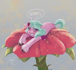 Size: 2500x2300 | Tagged: safe, artist:bonniem_x2, derpibooru import, earth pony, pony, my little pony: tell your tale, spoiler:g5, spoiler:my little pony: tell your tale, spoiler:tyts01e16, blushing, clothes, dahlia, dialogue, dock, eye clipping through hair, female, flower, flower in hair, g5, image, jpeg, looking at you, lying down, mare, neighfever, prone, smiling, smiling at you, solo, speech bubble, tail, unshorn fetlocks