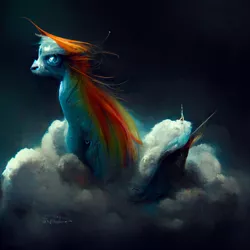 Size: 1536x1536 | Tagged: safe, derpibooru import, machine learning generated, midjourney, rainbow dash, pony, cloud, deformed, image, long eyelashes, neural network, neural network abomination, nightmare fuel, png, sitting, solo