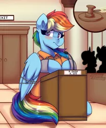 Size: 1023x1228 | Tagged: safe, artist:shadowreindeer, derpibooru import, rainbow dash, pegasus, clothes, commission, courtroom, gavel, image, jpeg, prison, prison outfit, prisoner rd, wings