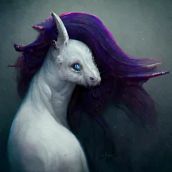 Size: 1536x1536 | Tagged: safe, derpibooru import, machine learning generated, midjourney, rarity, pony, deformed, image, missing horn, neural network, neural network abomination, nightmare fuel, png, sitting, solo