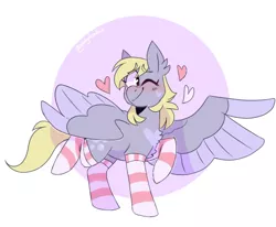 Size: 500x411 | Tagged: safe, artist:ponydoodles, edit, editor:edits of hate, derpy hooves, pegasus, pony, blushing, circle background, clothes, colored wings, female, floating heart, heart, heart mark, image, mare, one eye closed, png, simple background, smiling, socks, solo, striped socks, white background, wings